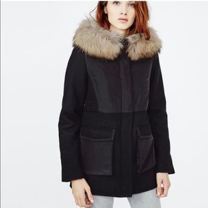Maje Globe Noir Black parka with fur trim